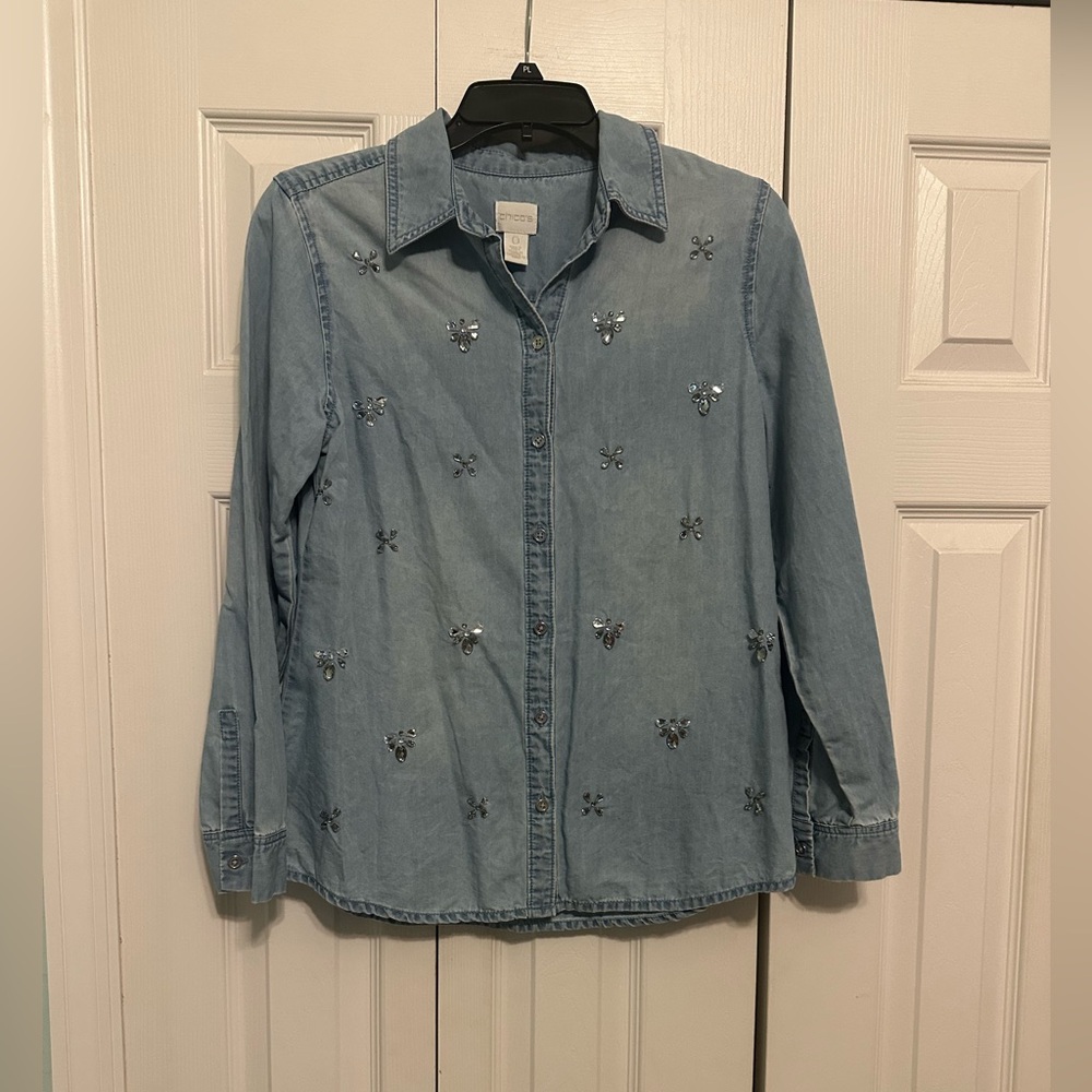 Chico's Light Blue Denim Shirt with Embellishments - Picture 1 of 7